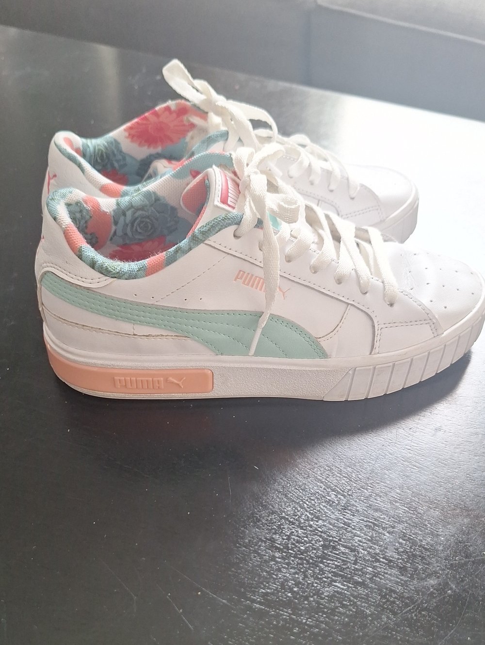 Puma Women's White Sneakers with Mint Side Stripe and Peach Heel Detail